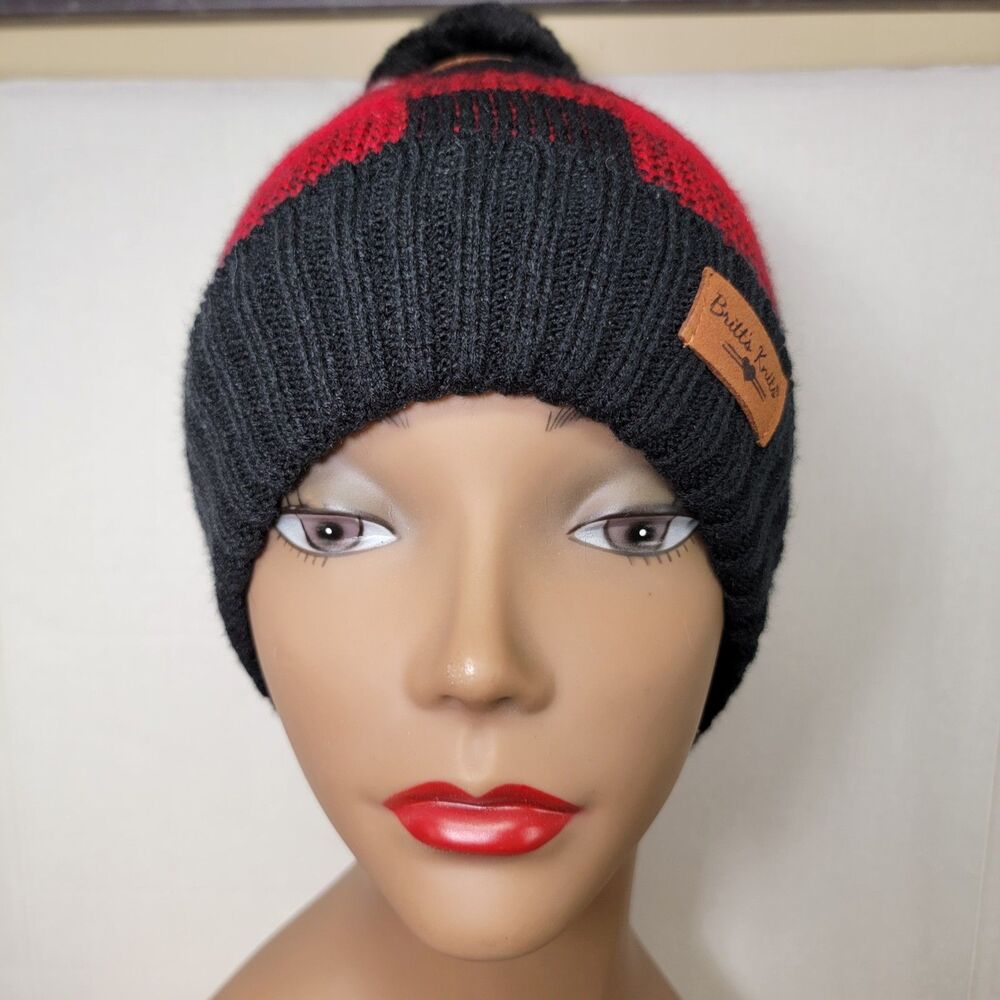 Britt's Knits Buffalo Plaid Faux Fur Pom Hat Red & Black - OSFM NWT